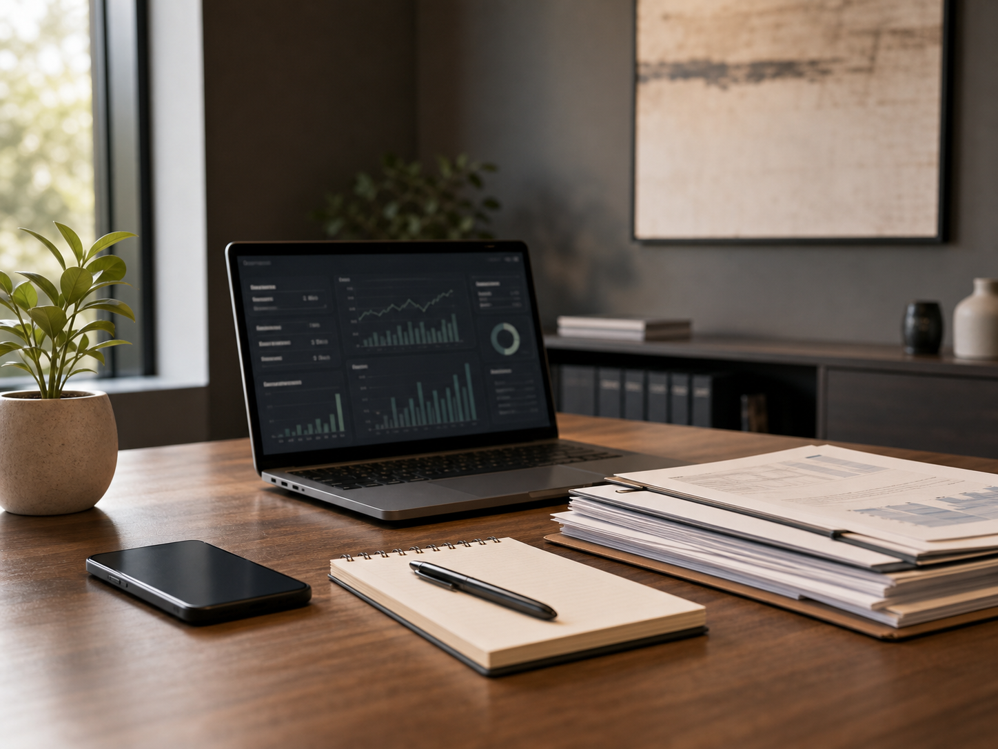 Professional advisory desk with laptop and operating records
